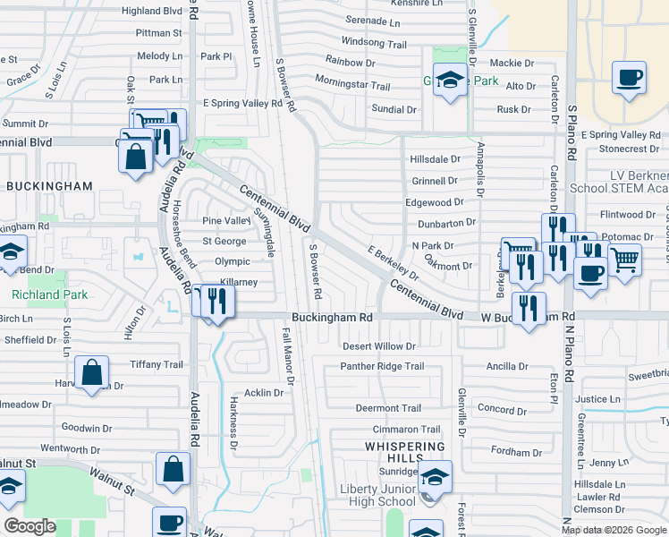 map of restaurants, bars, coffee shops, grocery stores, and more near 811 Napier Drive in Richardson
