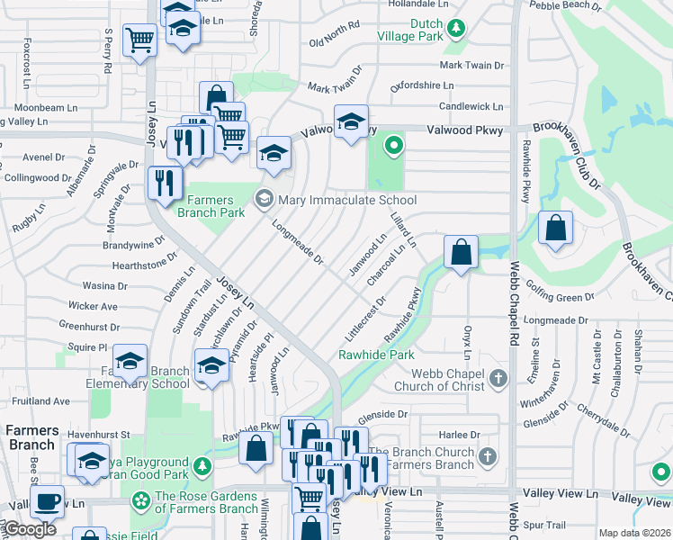 map of restaurants, bars, coffee shops, grocery stores, and more near 13665 Janwood Lane in Farmers Branch