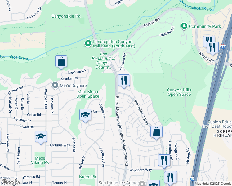 map of restaurants, bars, coffee shops, grocery stores, and more near Black Mountain Rd & Westview Pkwy in San Diego