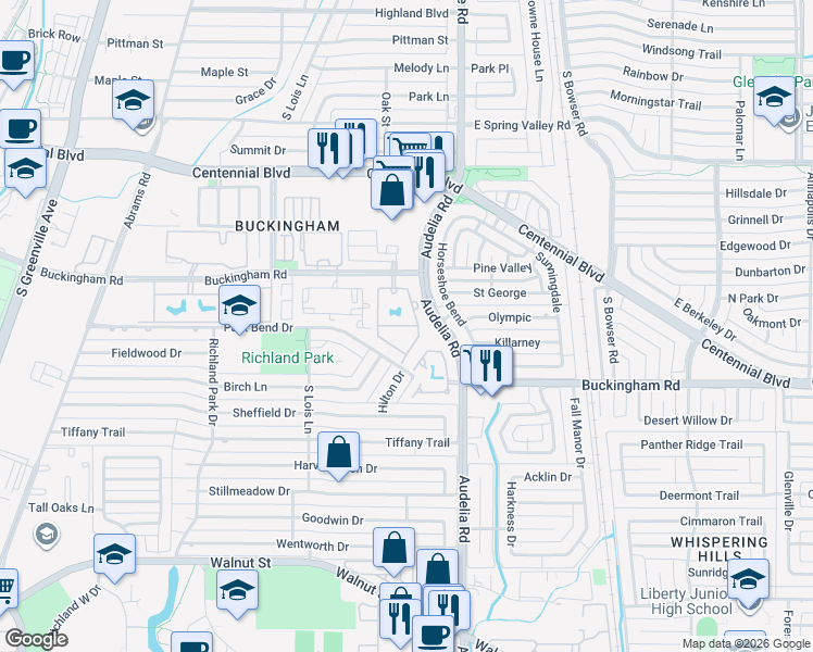 map of restaurants, bars, coffee shops, grocery stores, and more near 540 Buckingham Road in Richardson