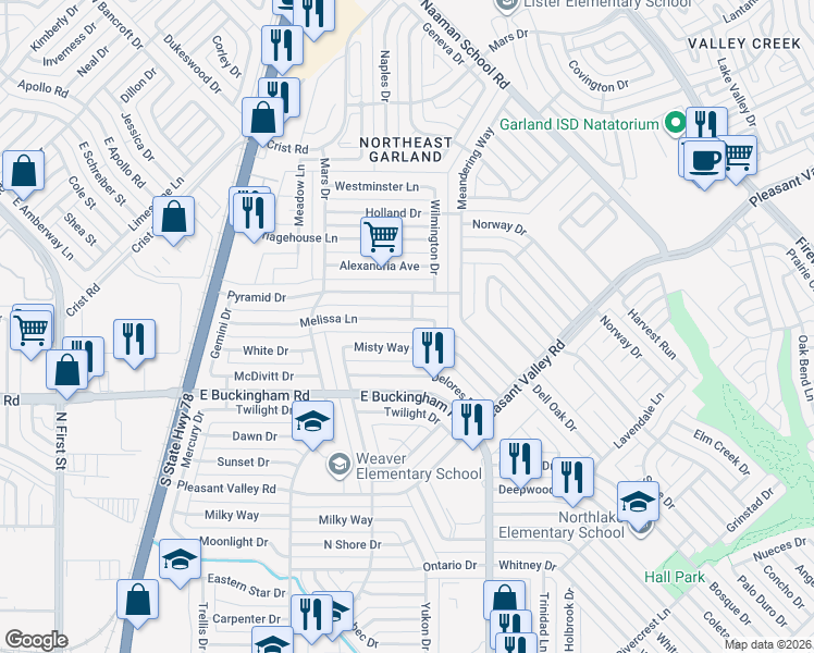 map of restaurants, bars, coffee shops, grocery stores, and more near 1116 Misty Way in Garland