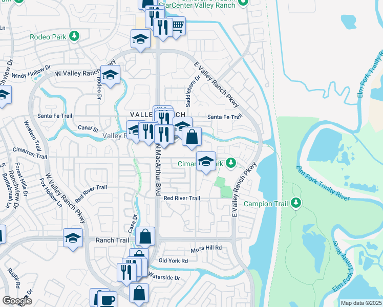 map of restaurants, bars, coffee shops, grocery stores, and more near 301 Sheridan Trail in Irving