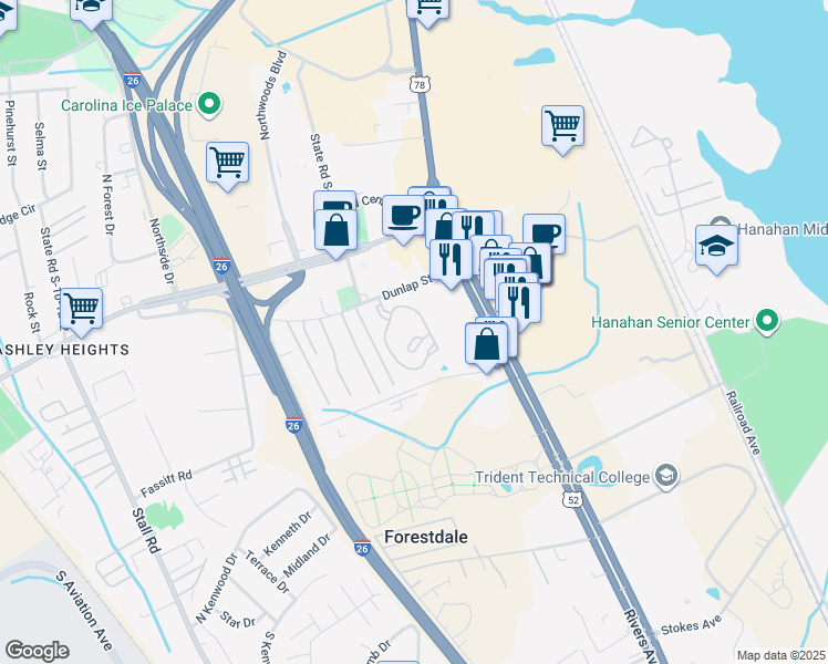 map of restaurants, bars, coffee shops, grocery stores, and more near 2181 Dunlap Street in North Charleston