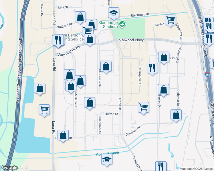 map of restaurants, bars, coffee shops, grocery stores, and more near 2051 McKenzie Drive in Carrollton