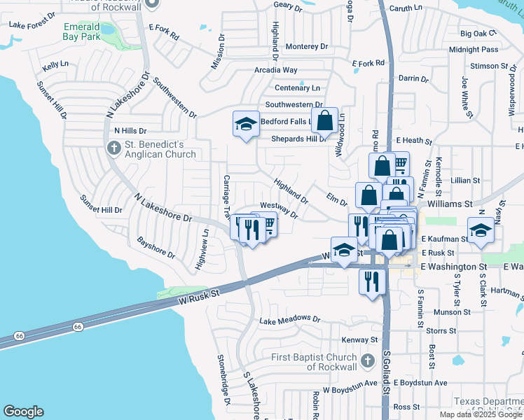 map of restaurants, bars, coffee shops, grocery stores, and more near 216 Alta Vista Drive in Rockwall