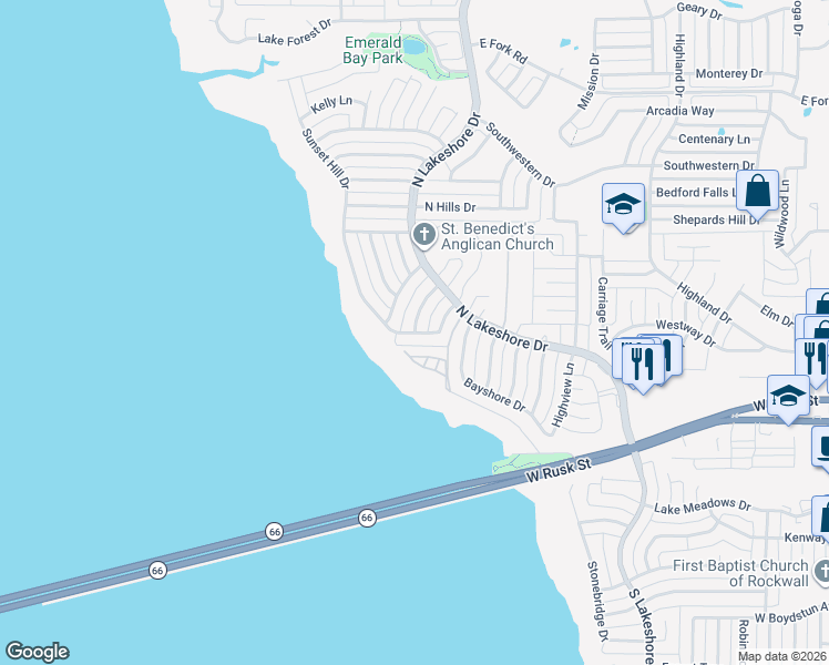 map of restaurants, bars, coffee shops, grocery stores, and more near 1697 Amesbury Lane in Rockwall