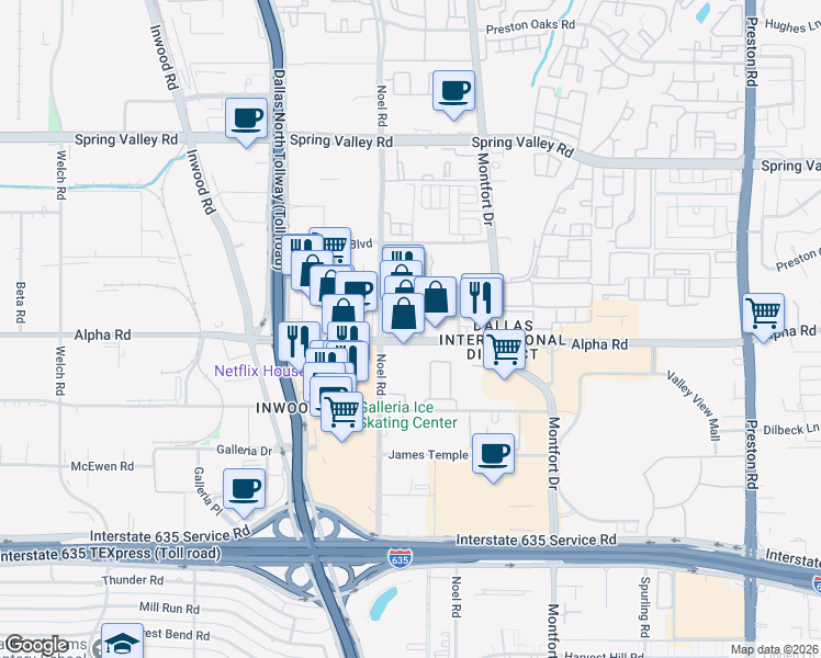 map of restaurants, bars, coffee shops, grocery stores, and more near 5301 Valley View Trail in Dallas