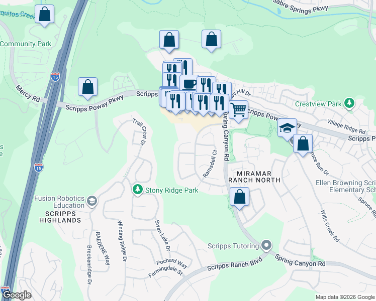 map of restaurants, bars, coffee shops, grocery stores, and more near 10618 Wincheck Road in San Diego