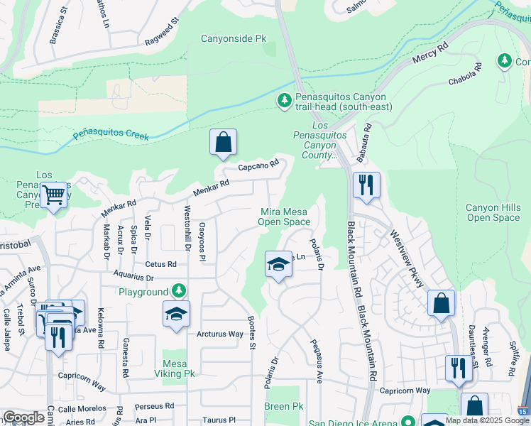 map of restaurants, bars, coffee shops, grocery stores, and more near 8912 Revelstoke Way in San Diego