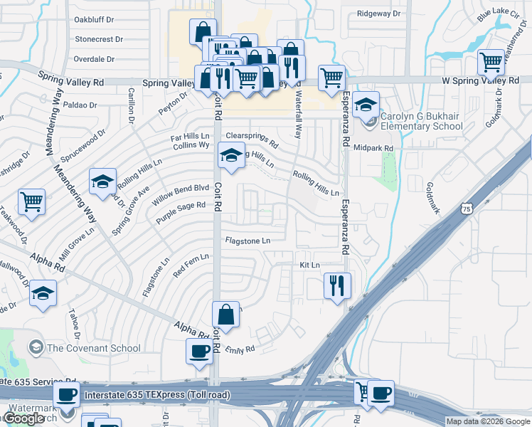 map of restaurants, bars, coffee shops, grocery stores, and more near 13787 Brookgreen Circle in Dallas