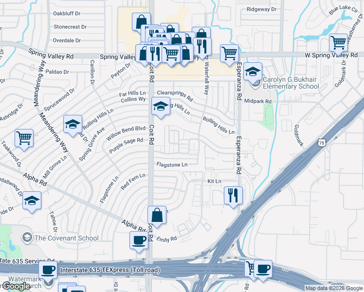 map of restaurants, bars, coffee shops, grocery stores, and more near 13787 Brookgreen Circle in Dallas
