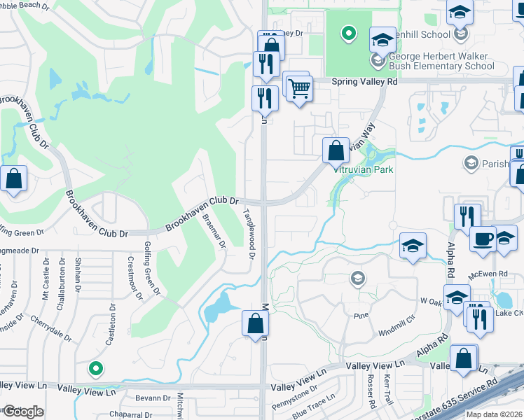 map of restaurants, bars, coffee shops, grocery stores, and more near 3900 Brookhaven Club Drive in Addison