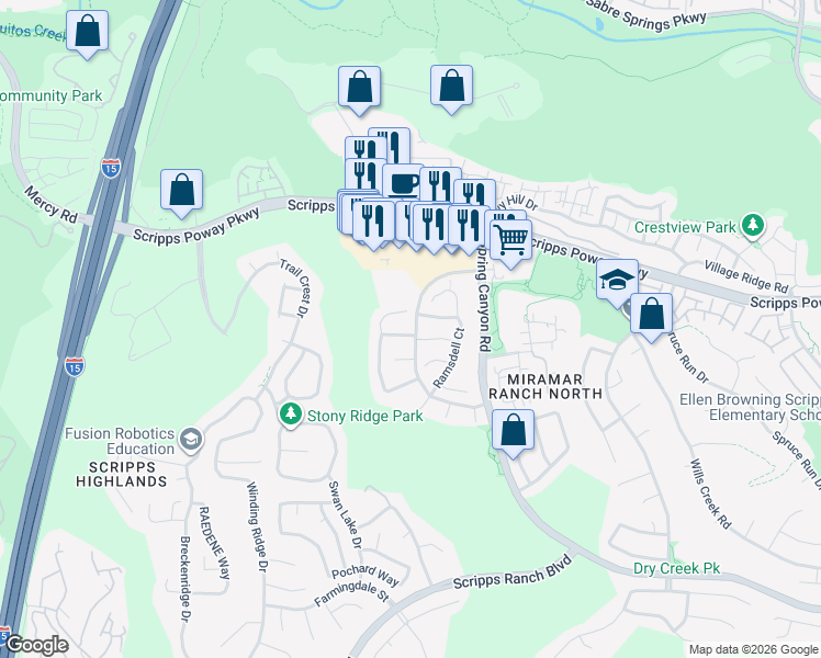 map of restaurants, bars, coffee shops, grocery stores, and more near 10642 Wincheck Road in San Diego