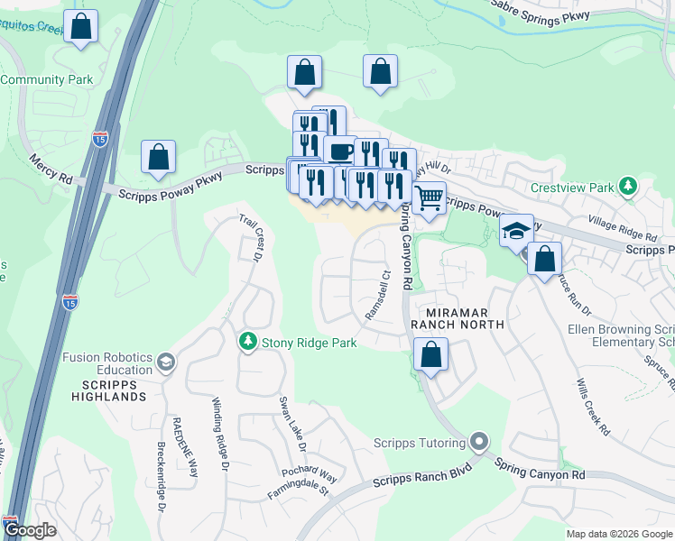 map of restaurants, bars, coffee shops, grocery stores, and more near 10618 Wincheck Road in San Diego