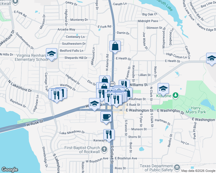 map of restaurants, bars, coffee shops, grocery stores, and more near 505 North Goliad Street in Rockwall