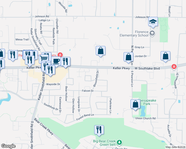 map of restaurants, bars, coffee shops, grocery stores, and more near 1750 Keller Parkway in Keller
