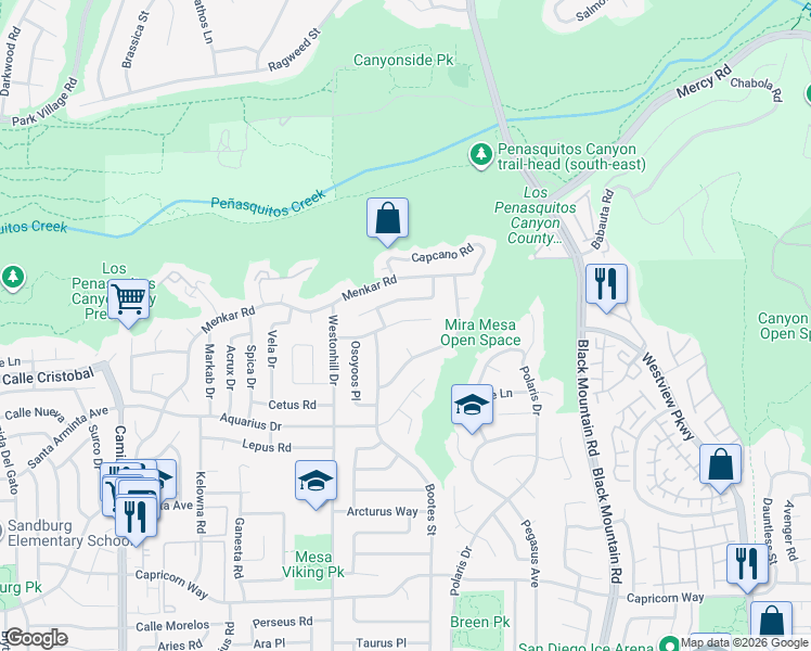 map of restaurants, bars, coffee shops, grocery stores, and more near 8843 Bralorne Way in San Diego