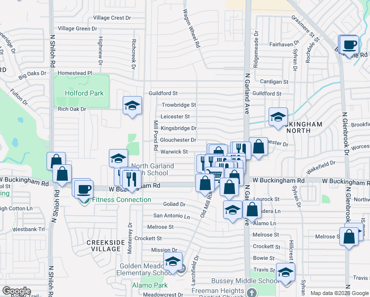 map of restaurants, bars, coffee shops, grocery stores, and more near 1729 Glouchester Drive in Garland