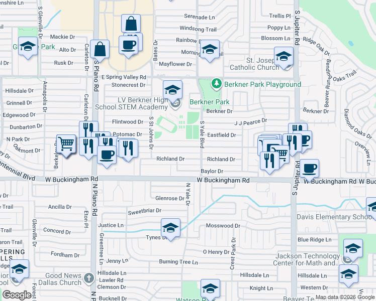 map of restaurants, bars, coffee shops, grocery stores, and more near 1713 Baltimore Drive in Richardson