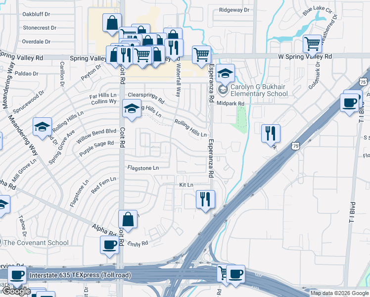 map of restaurants, bars, coffee shops, grocery stores, and more near 14040 Rolling Hills Lane in Dallas