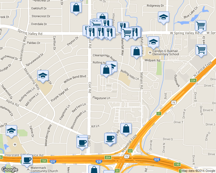 map of restaurants, bars, coffee shops, grocery stores, and more near 13787 Brookgreen Circle in Dallas