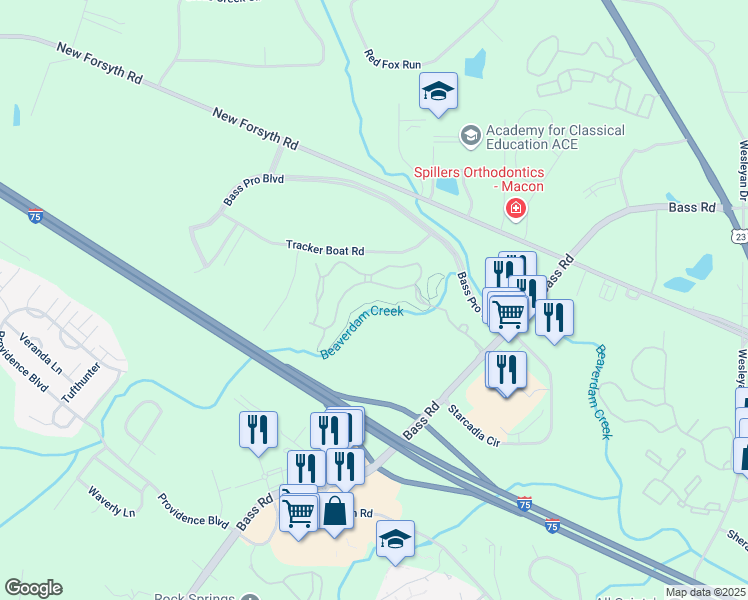 map of restaurants, bars, coffee shops, grocery stores, and more near 1644 Bass Road in Macon