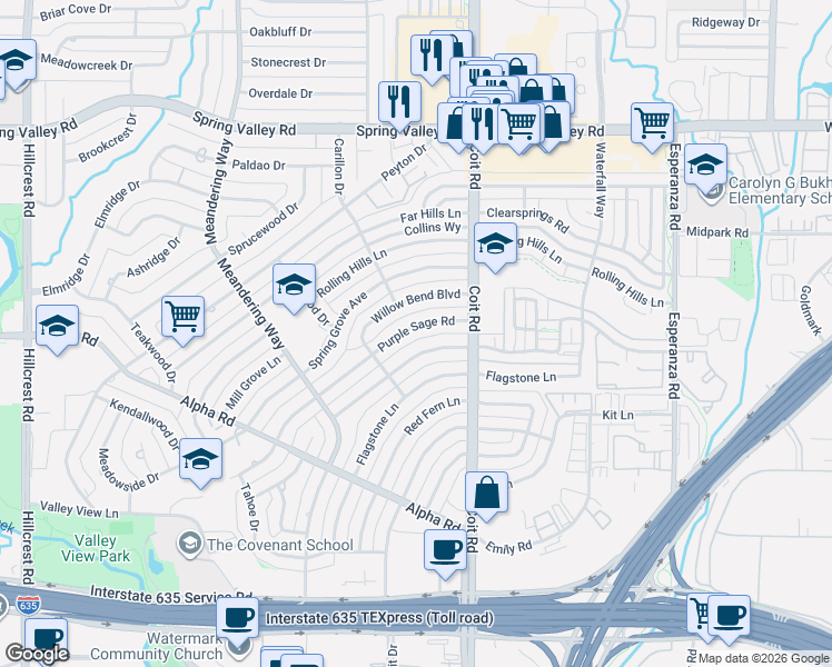 map of restaurants, bars, coffee shops, grocery stores, and more near 13651 Purple Sage Road in Dallas