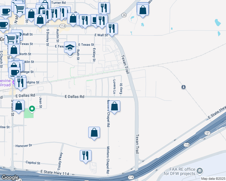 map of restaurants, bars, coffee shops, grocery stores, and more near 864 Lovers Lane in Grapevine