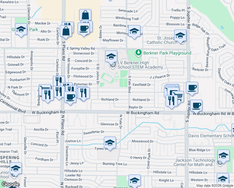 map of restaurants, bars, coffee shops, grocery stores, and more near 1701 Baltimore Drive in Richardson