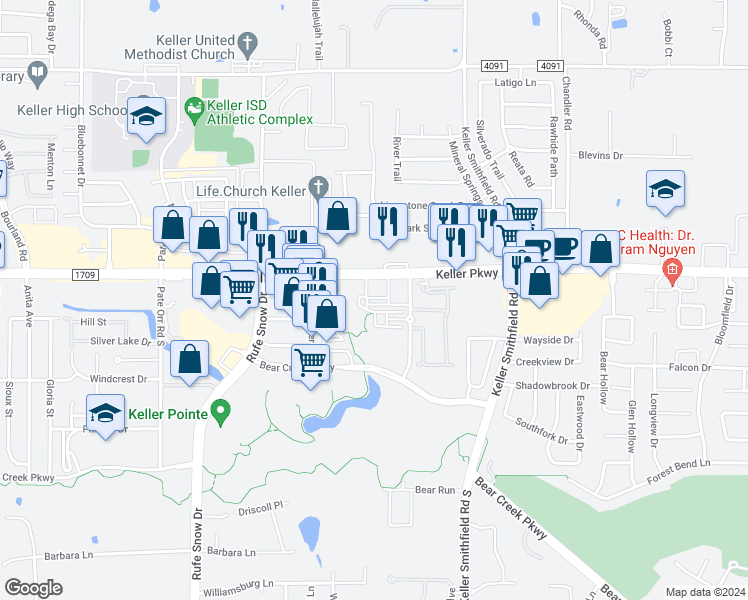 map of restaurants, bars, coffee shops, grocery stores, and more near 1204 Seaton Street in Keller