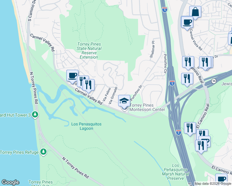 map of restaurants, bars, coffee shops, grocery stores, and more near 2506 Via Merano in Del Mar
