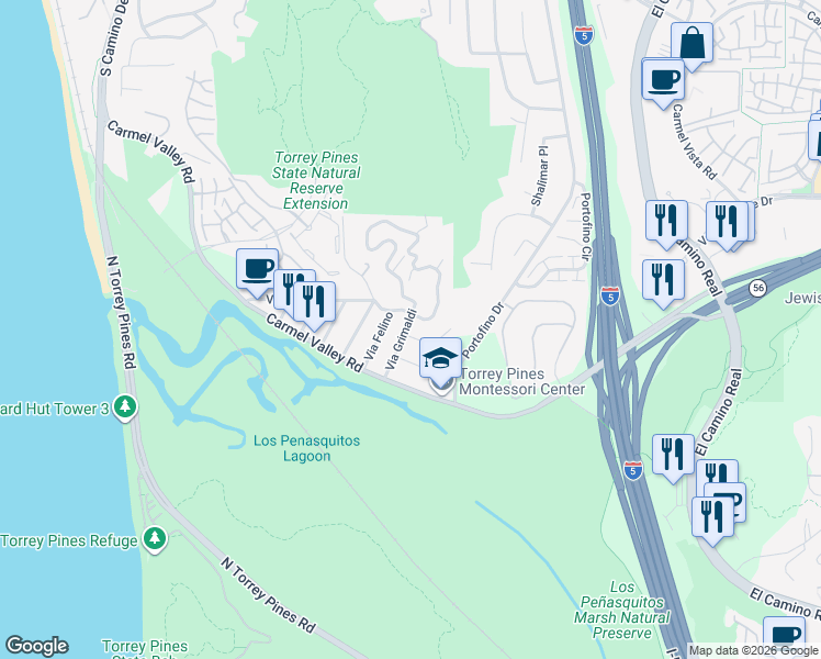 map of restaurants, bars, coffee shops, grocery stores, and more near 2506 Via Merano in Del Mar