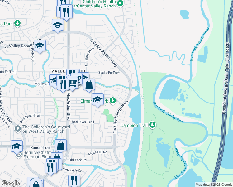 map of restaurants, bars, coffee shops, grocery stores, and more near 101 Cimarron Trail in Irving