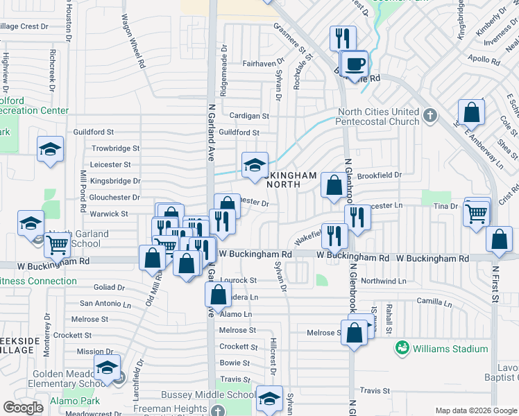 map of restaurants, bars, coffee shops, grocery stores, and more near 1200 Kingsbridge Drive in Garland