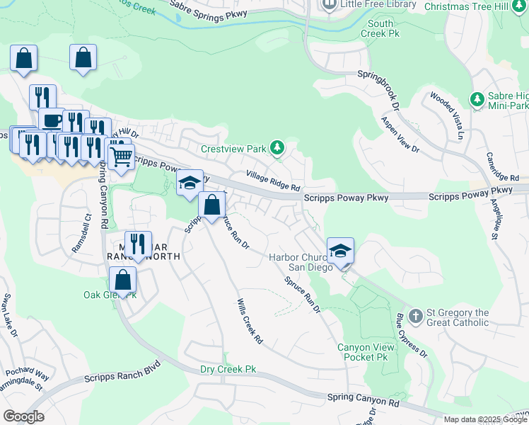 map of restaurants, bars, coffee shops, grocery stores, and more near 11879 Spruce Run Drive in San Diego