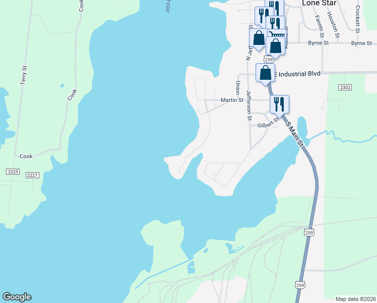 map of restaurants, bars, coffee shops, grocery stores, and more near 208 Southshore Drive in Lone Star