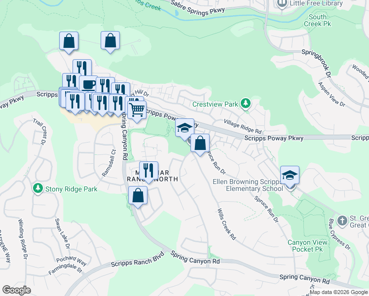 map of restaurants, bars, coffee shops, grocery stores, and more near 10907 Scripps Poway Parkway in San Diego