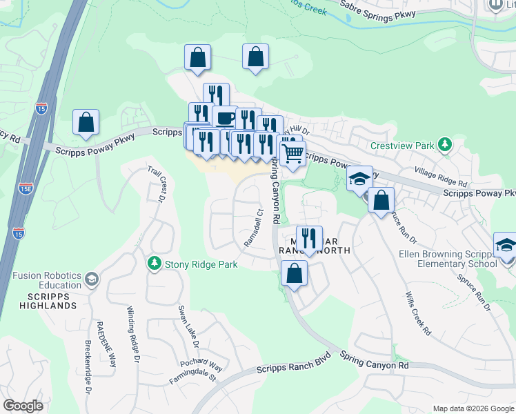 map of restaurants, bars, coffee shops, grocery stores, and more near 10694 Tipperary Way in San Diego