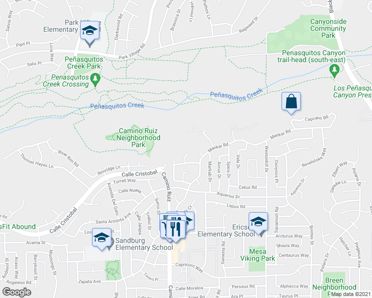 map of restaurants, bars, coffee shops, grocery stores, and more near 11828 Innis Point in San Diego