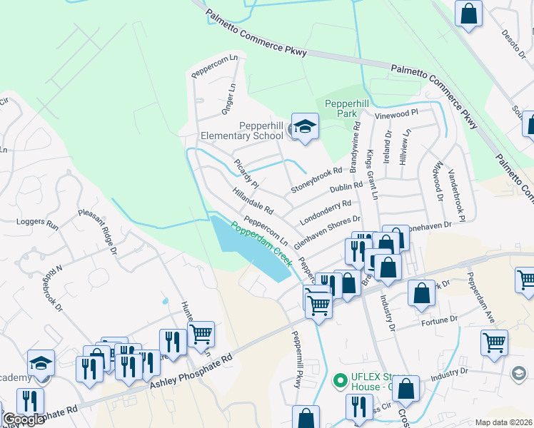 map of restaurants, bars, coffee shops, grocery stores, and more near 7644 Hillandale Road in North Charleston