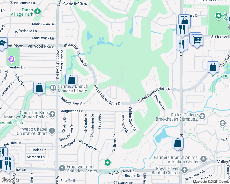 map of restaurants, bars, coffee shops, grocery stores, and more near 3330 Courtyard Place in Farmers Branch