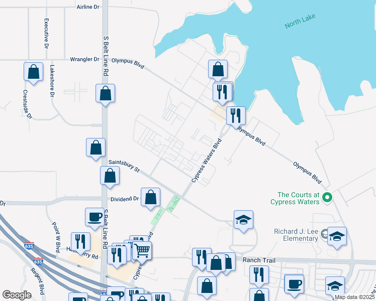 map of restaurants, bars, coffee shops, grocery stores, and more near 9240 Water Mill Road in Irving