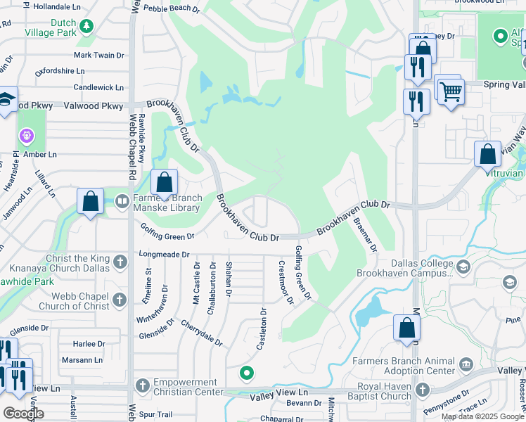 map of restaurants, bars, coffee shops, grocery stores, and more near 3330 Courtyard Place in Farmers Branch