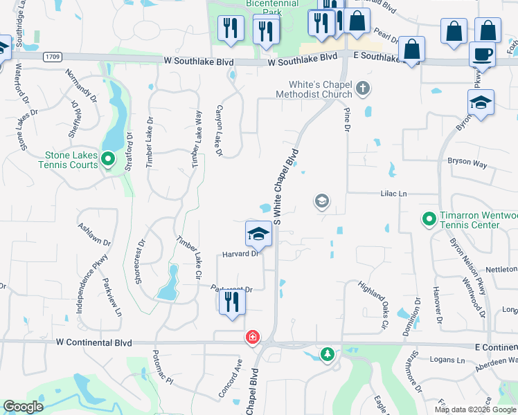 map of restaurants, bars, coffee shops, grocery stores, and more near 702 South White Chapel Boulevard in Southlake