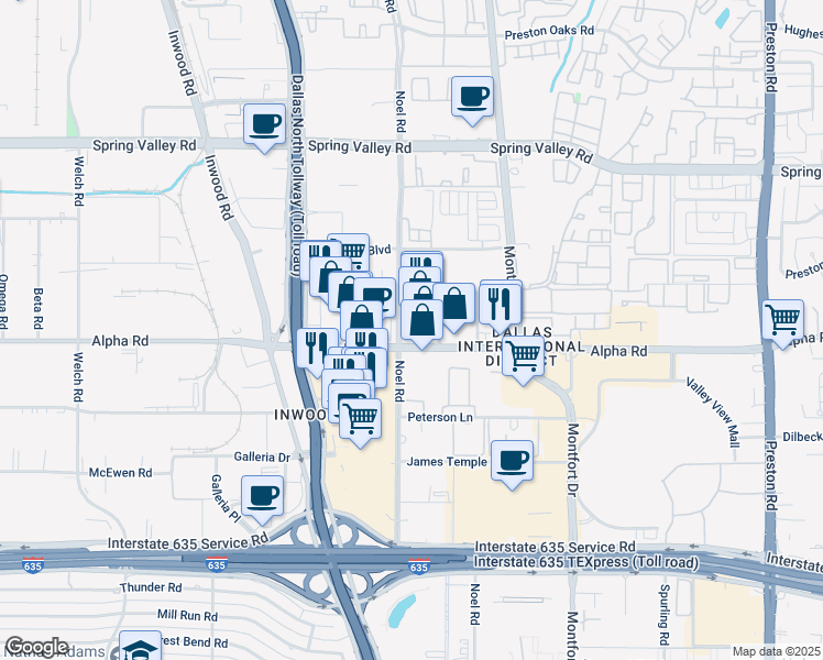 map of restaurants, bars, coffee shops, grocery stores, and more near 5301 Valley View Trail in Dallas
