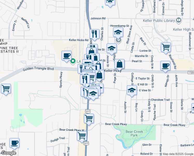 map of restaurants, bars, coffee shops, grocery stores, and more near 131 Taylor Street in Keller