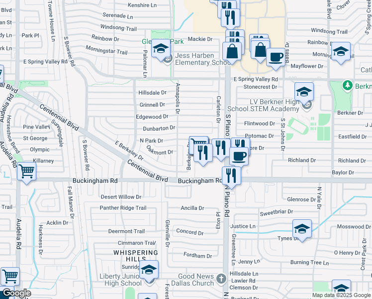 map of restaurants, bars, coffee shops, grocery stores, and more near 1206 Berkeley Drive in Richardson