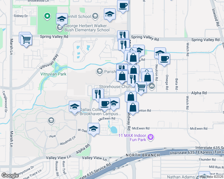 map of restaurants, bars, coffee shops, grocery stores, and more near 4000 Sigma Road in Farmers Branch