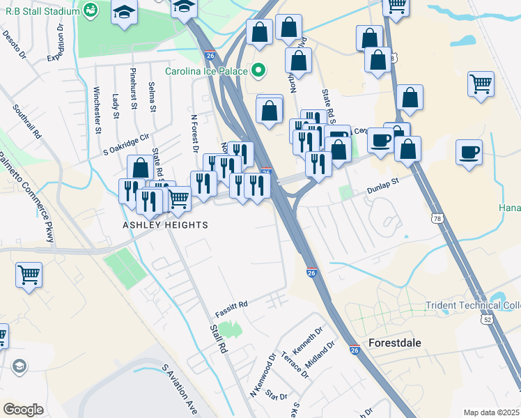 map of restaurants, bars, coffee shops, grocery stores, and more near 7339 Mazyck Road in Charleston