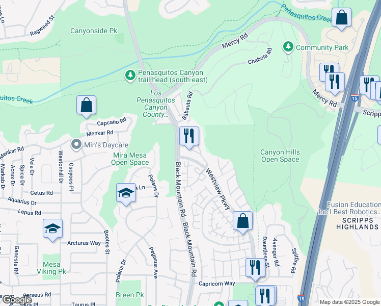map of restaurants, bars, coffee shops, grocery stores, and more near 11799 Westview Parkway in San Diego